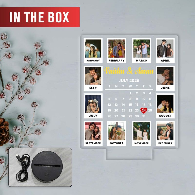 Calendar Couple Photo UV Print Lamp with Warm White Glow Light Unique Anniversary, Birthday, or Wedding Gift for Couples, Wife, Husband,